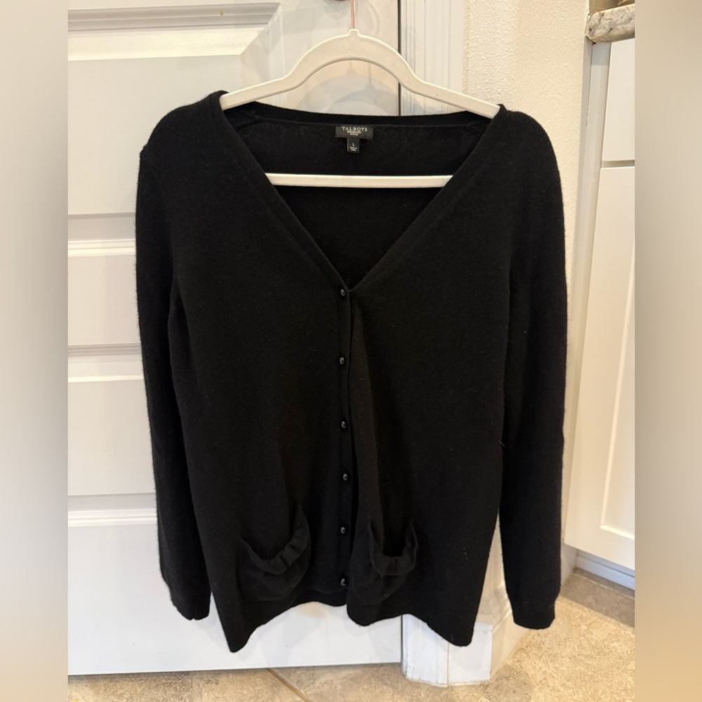 Talbots Wool Button Up Cardigan Black L minimalist, business casual, workwear